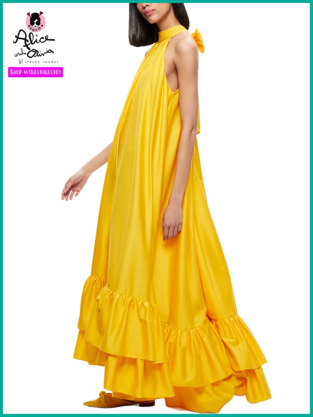 Alice + Olivia Jovie Halter Neck Yellow Ruffle Maxi Dress
